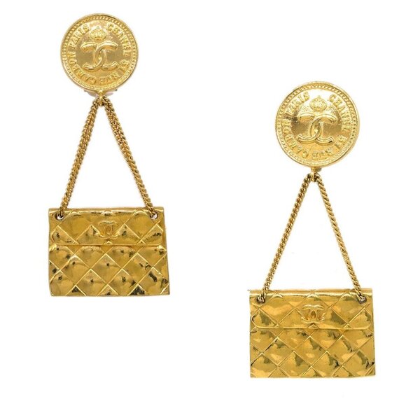 Chanel Gold Bag Dangle Earrings Clip- - Picture 1 of 16